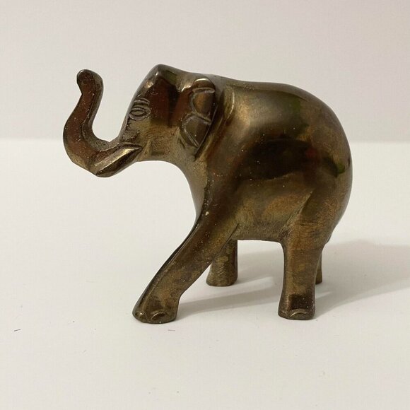 Vintage Brass Elephant Figure 3 Inch Long Trunk Up Figurine - Picture 1 of 16